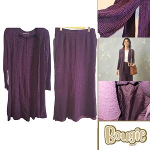 Royal Purple Textured Cardigan & Skirt Set | Open Duster w/ Side & Back Slits